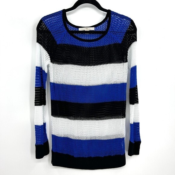 BOSTON PROPER Blue Black White Striped Open Knit Crew Neck Sweater Small - Picture 1 of 4